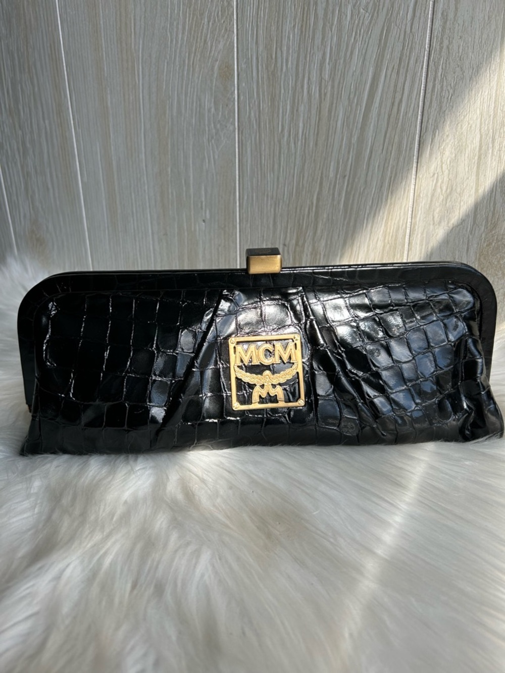 MCM Black Croc-Embossed Patent Leather Evening Clutch with Gold Logo